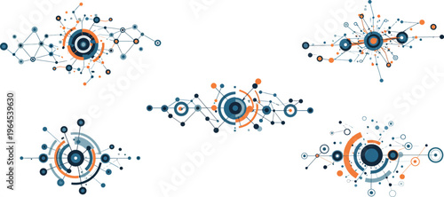 Four abstract circular molecular structures with colorful lines and dots on white background