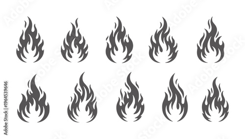 Ten stylized dark grey flame arranged in two rows fire symbol heat energy