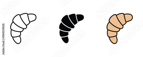 Fresh French croissant for bakery breakfast, delicious pastry and cafe snack icon set. Vector Illustration.