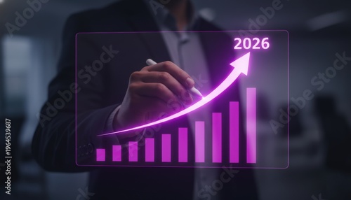  a professional close-up of a person's hand drawing a glowing futuristic digital business bar chart and a rising trend arrow on a holographic interface. The scene uses pink neon lighting 