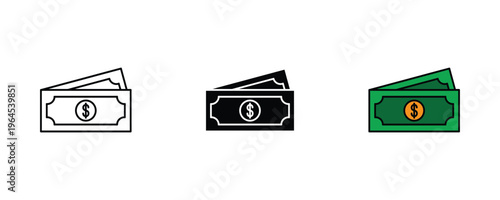 Paper money banknotes for financial payment, cash currency and business banking icon set. Dollar bill symbol. Vector Illustration.