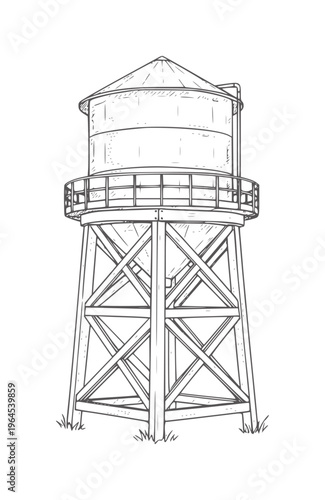 Vintage wooden water tower with metal railing and conical roof