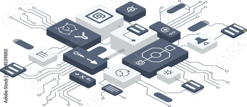 Digital circuit board with various electronic components and symbols on a white background