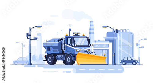 Modern Autonomous Snowplow Truck for Smart Winter Road Clearing and Urban Maintenance in Cityscape Vector Illustration