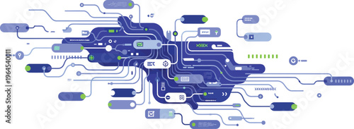 Blue circuit board design with microchips and wires on a white background for technology and electronics concepts