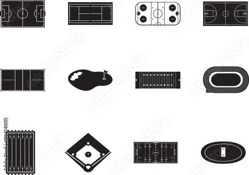 Sport field set with top view layouts of soccer, tennis, basketball, volleyball, hockey, golf.