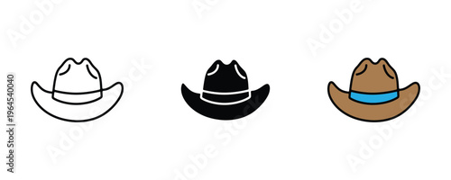 Classic leather cowboy hat for western fashion, rodeo outfit and american culture icon set. Wild west headwear symbol. Vector Illustration.