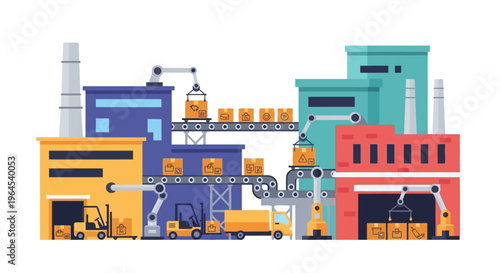 Modern Automated Factory: Industrial Production Line with Robotic Arms, Conveyor Belts, Forklifts, and Delivery Trucks for Efficient Logistics
