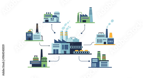 Industrial Supply Chain Network Illustration: Interconnected Factories, Manufacturing, Production Flow, and Logistics System Diagram