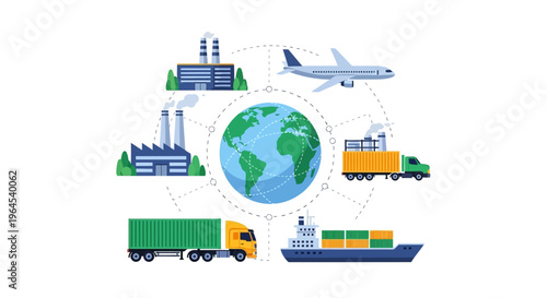Global Supply Chain and Logistics Network with Manufacturing Factories, Air, Road, and Sea Transportation - International Freight Distribution Illustration