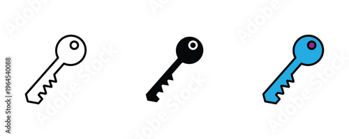 Household metal key for door lock, house security and home access icon set. Property safety symbol. Vector Illustration.