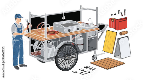 Mobile Kitchen Setup: A worker assembles a fully equipped mobile kitchen cart, complete with essential tools and equipment, ready for culinary endeavors. 