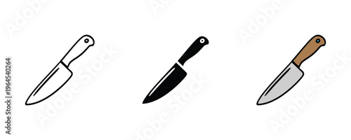 Professional stainless steel chef knife for kitchen cooking, restaurant food preparation and sharp blade tool icon set. Culinary equipment symbol. Vector Illustration.