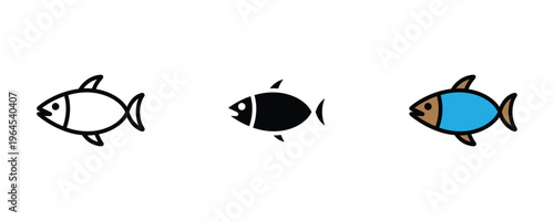 Small sea fish for aquarium, seafood restaurant and marine life exploration icon set. Swimming aquatic animal symbol. Vector Illustration.