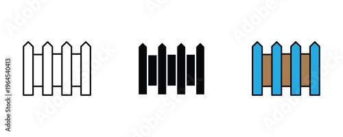 Wooden picket fence for garden boundary, home backyard security and outdoor landscaping icon set. Residential farm or yard barrier symbol. Vector Illustration.