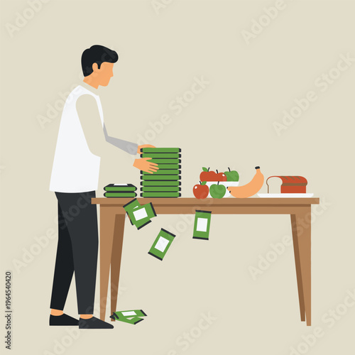 Man Organizing Green Packets and Healthy Food Items on Table.