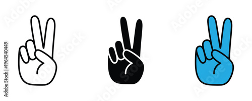 Victory hand gesture for peace sign, success achievement and positive winning icon set. Two fingers raised v symbol. Vector Illustration.