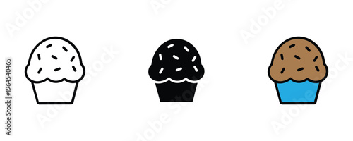 Sweet chocolate muffin with sprinkles for bakery shop, delicious cupcake dessert and snack icon set. Homemade pastry and muffin symbol. Vector Illustration.
