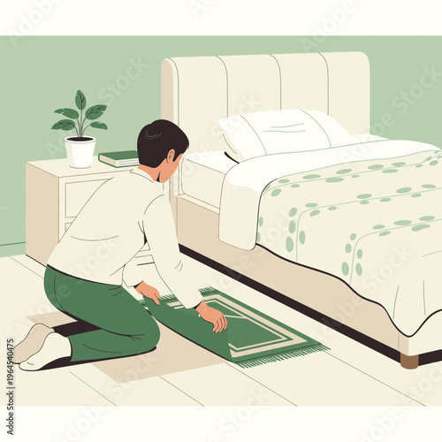 Man praying on a rug in a bedroom.