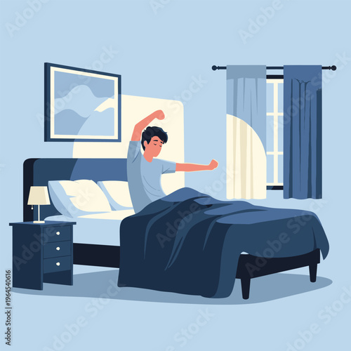 Man stretching and waking up in bed.