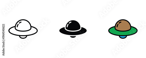 Unidentified flying object for science fiction, space exploration and alien galaxy adventure icon set. Extraterrestrial spaceship and ufo craft symbol. Vector Illustration.