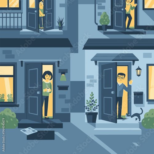 Neighbors greeting each other from their doorways.