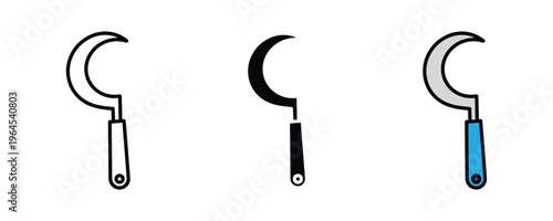 Traditional metal sickle for agricultural harvesting, garden grass cutting and farm hand tool icon set. Sharp curved blade and reaping hook symbol. Vector Illustration.