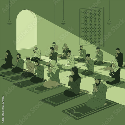 Muslims praying together in a mosque during prayer time.