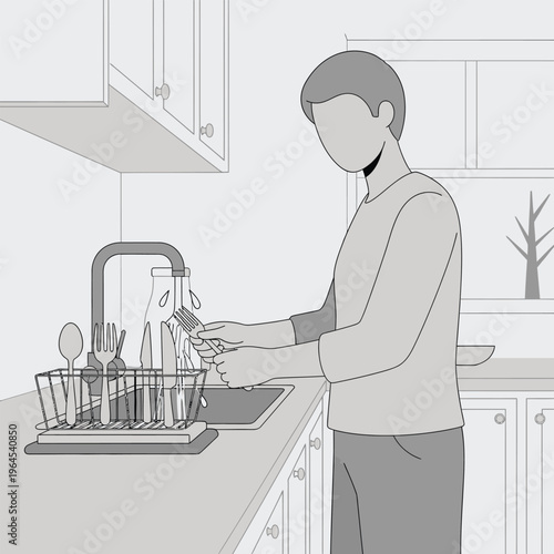 Man washing dishes in kitchen sink with hands.