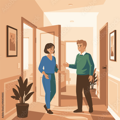 Man and Woman Greeting in Hallway.