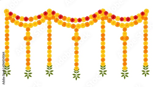 Vibrant floral garlands hang adorned with red accents and green leaves