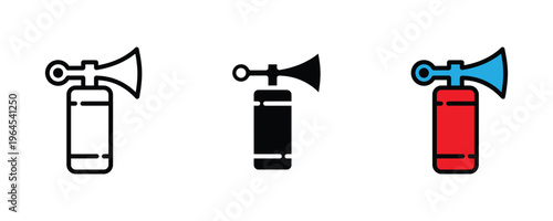 Manual air horn pump for stadium sport fan, maritime boat signal and party celebration icon set. Loud noise maker and emergency siren symbol. Vector Illustration.
