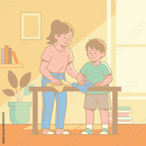 Mother and child cleaning table together with cloths.