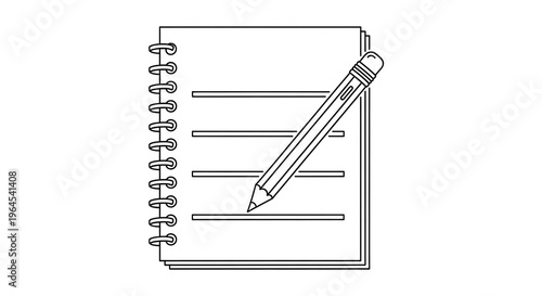 A black and white line drawing of a spiral bound notebook with a pencil resting on top of it.