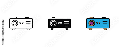Digital video projector for home cinema, business presentation and movie night entertainment icon set. Multimedia hardware symbol. Vector Illustration.