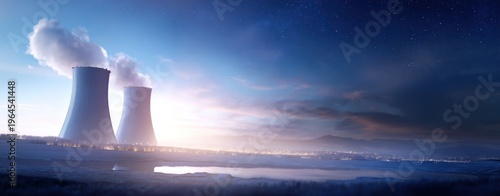 Nuclear power plant cooling towers at night with steam, energy industry landscape and dramatic sky