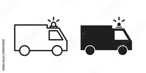 Ambulance icons line and solid version, outline and filled vector design set