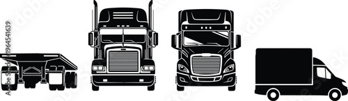 Comprehensive Collection of Commercial Vehicle Silhouettes Featuring Heavy Duty Semi Trucks Delivery Vans and Flatbed Trailers for Logistics Transportation and Cargo Shipping Services