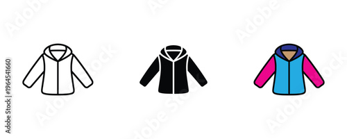 Warm winter jacket with hood for cold weather fashion, outdoor clothing and seasonal apparel icon set. Stylish puffer coat symbol. Vector Illustration.