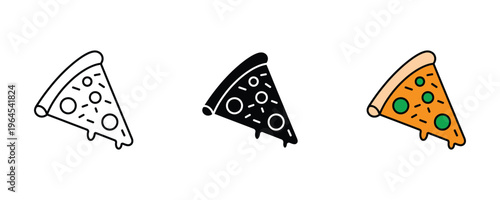 Delicious pizza slice with melting cheese and pepperoni for Italian restaurant, fast food pizzeria and snack delivery icon set. Vector Illustration.