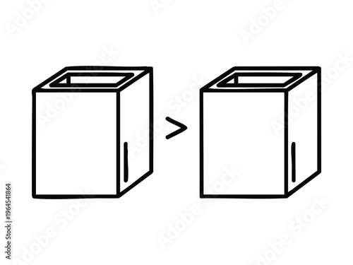 Two handdrawn open top cubes displayed side by side with a greater than symbol between them