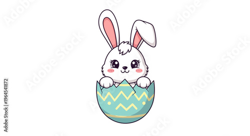 A cute kawaii Easter bunny mascot hatches from a pastel colored egg in a playful cartoon illustration with colorful design elements