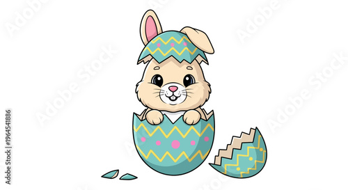 A cute kawaii Easter bunny mascot hatches from a pastel-colored egg shell with zigzag patterns on a white background