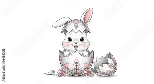 A cute Easter bunny mascot hatches from a pastel-colored eggshell with floral patterns in a kawaii style illustration