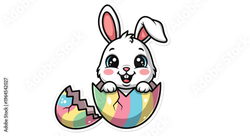 A cheerful white Easter bunny hatches from a broken pastel-colored egg in a cute cartoon illustration with a joyful mood