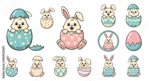 A set of colorful Easter bunny characters hatching from decorated eggs in various pastel colors and patterns, featuring kawaii designs