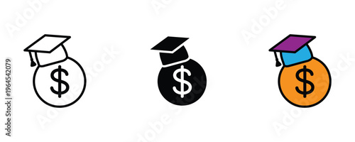 Graduation cap with dollar coin for education loan, academic scholarship and university tuition funding icon set. Financial aid for students symbol. Vector Illustration.