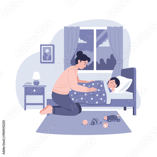 Mother tucking her son into bed at night.
