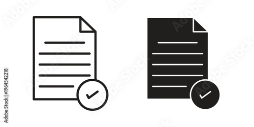 Approved document icons line and solid version, outline and filled vector design set