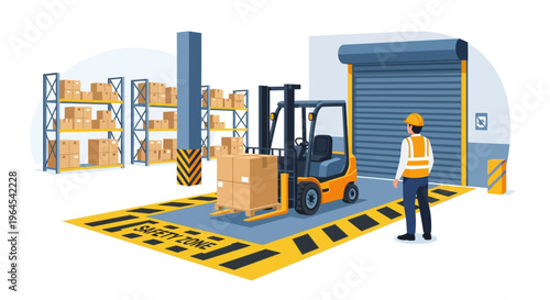 Warehouse Logistics with Forklift and Worker in Safety Zone - Industrial Storage and Delivery Operations
